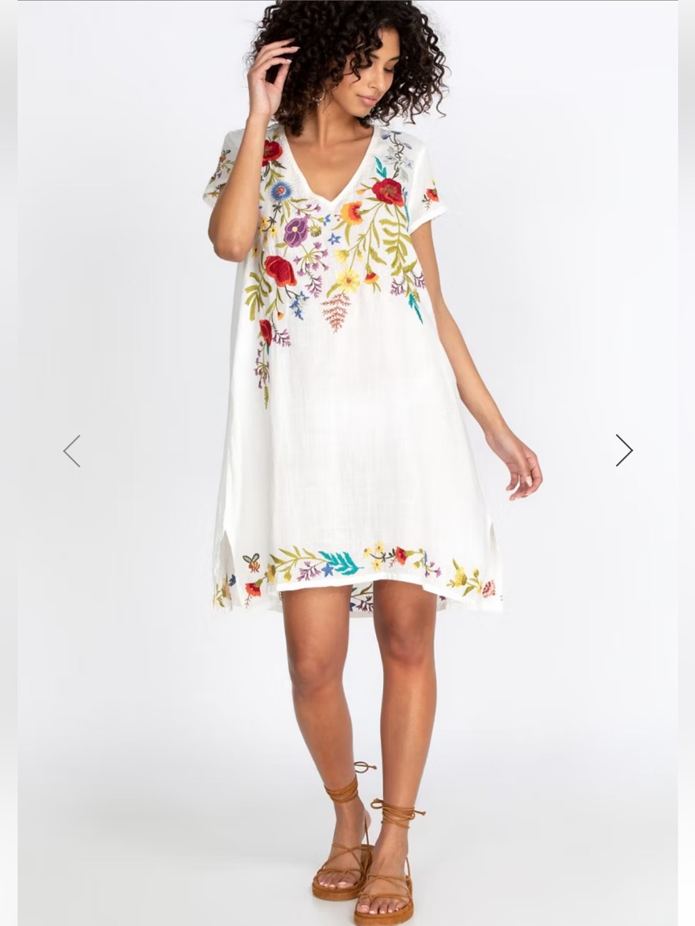 Johnny Was Workshop Provence Drape Tunic Dress M White Ramie Embroidered Floral